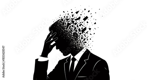A vector illustration depicts a businessman experiencing mental distress, symbolized by his head disintegrating, representing stress, depression, and psychological issues in a modern style.