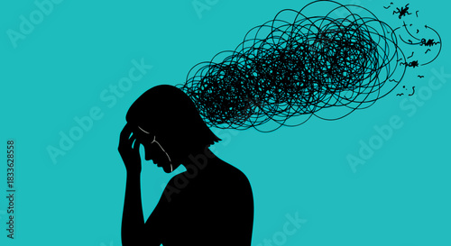 A silhouette illustration depicts a person experiencing overwhelming thoughts and mental distress, symbolized by a chaotic tangle above their head on a teal background.