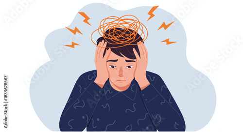 A distressed man clutches his head, overwhelmed by tangled thoughts and mental pressure, depicted in a modern vector illustration style.