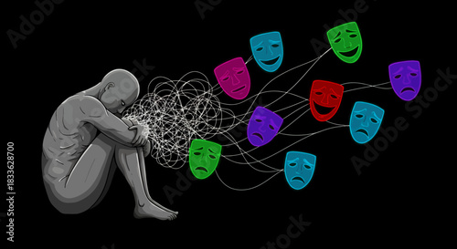 A distressed person sits hunched over, grappling with tangled thoughts while colorful emotional masks float nearby, symbolizing complex mental health struggles.