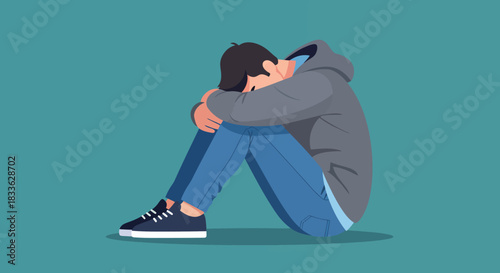 A young person experiencing profound emotional distress and sadness, sitting alone on the floor in a modern vector illustration against a teal background.