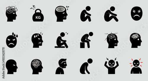 A comprehensive set of black silhouette vector icons illustrating various mental health conditions such as stress, depression, and anxiety.