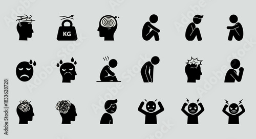 A vector illustration set depicts various mental health conditions, including stress, depression, and anxiety, using simple yet impactful black and white icons for visual communication.