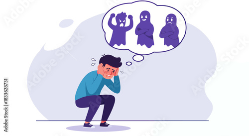 An illustration depicts a person experiencing anxiety and fear, visualized as dark figures in a thought bubble, representing mental health challenges.
