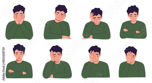A vector illustration depicts a man experiencing various expressions of stress, depression, and anxiety, showcasing mental health challenges in a modern design.