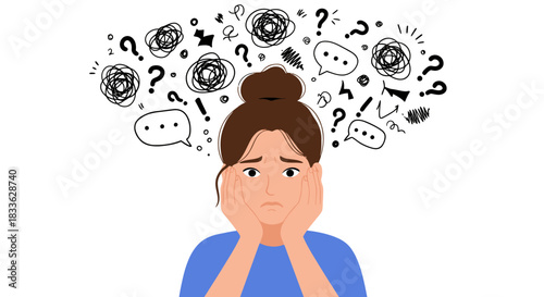A distressed young woman with a messy bun experiences overwhelming thoughts and confusion, illustrated as a tangled cloud of worries above her head.
