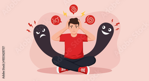 A young man experiencing intense mental stress and internal conflict, illustrated with contrasting emotional figures and thought bubbles in a modern vector style.