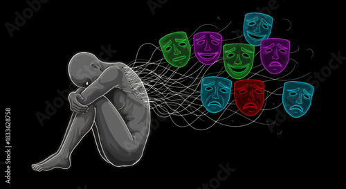 A somber illustration depicts a person in distress, surrounded by floating masks representing various emotions, symbolizing mental health challenges and emotional complexities against a dark backdrop.