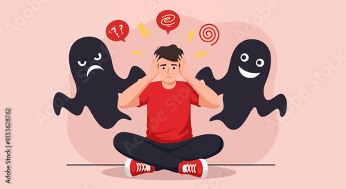 A vector illustration depicts a man overwhelmed by mental health challenges and internal conflict, symbolized by contrasting emotional figures.