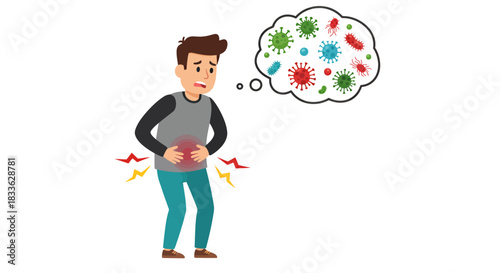 Worried cartoon man clutches his stomach, visualizing the pathogens causing a vector-borne illness, presented as a transparent PNG on a clean white backdrop.