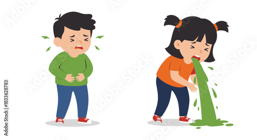 A vector illustration depicts two children experiencing symptoms of illness, with one child doubled over in pain and the other vomiting, highlighting health and medical concepts.