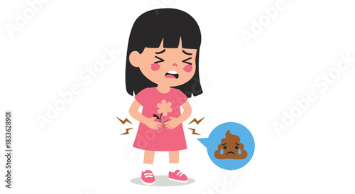 A cartoon girl in a pink dress suffering from stomach pain due to diarrhea, with a sad poop emoji, representing digestive health issues and borne diseases.