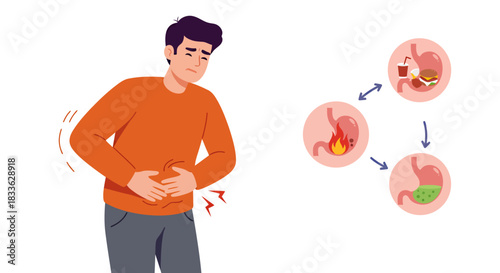An illustration depicts a man experiencing abdominal pain alongside a diagram showing the stages of stomach issues, ideal for medical and health-related educational content.