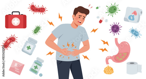 A man experiencing stomach pain, surrounded by illustrations of bacteria, viruses, and medical supplies, representing vector-borne diseases in a flat, illustrative style against a white background.