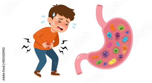 A young boy experiencing stomach pain, illustrated with a cartoon depicting the presence of germs and bacteria within the digestive system, a concept of illness.