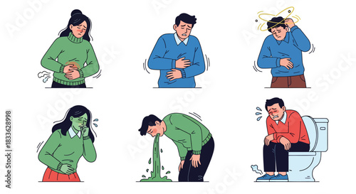 Vector illustration depicting various symptoms of vector-borne diseases, showcasing discomfort and illness in a modern, easily adaptable PNG format for health awareness.