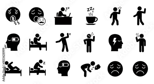 This extensive set of black silhouette vector icons vividly portrays different states of tiredness, sleepiness, and chronic fatigue syndrome symptoms.