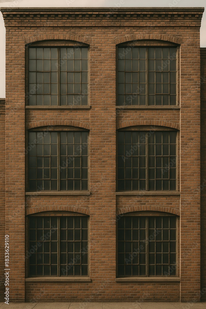 Fototapeta premium Vintage Brown Brick Building Facade with Six Large Gridded Industrial Windows