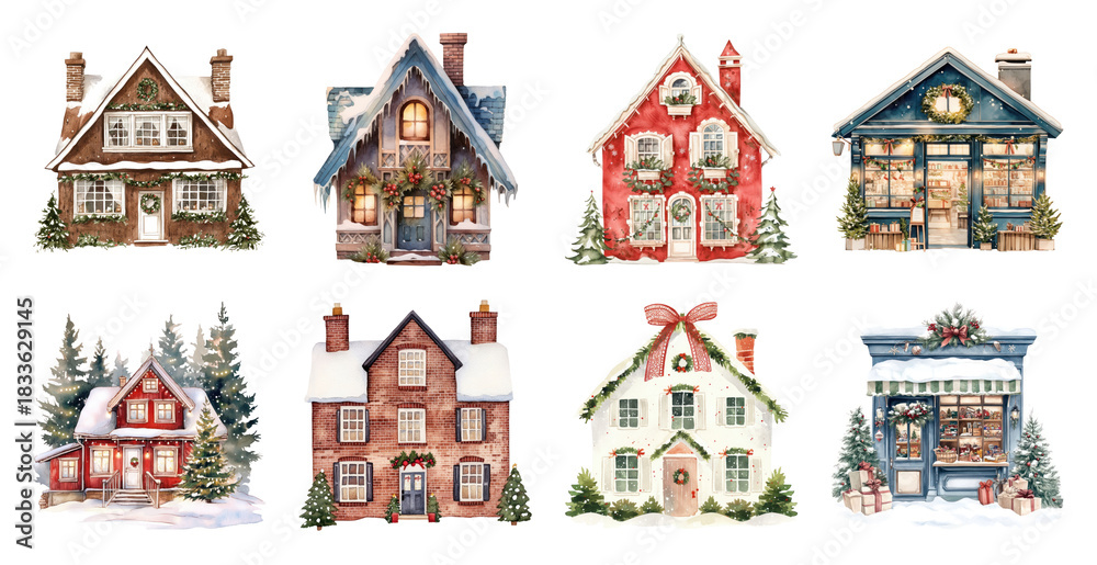 Naklejka premium PNG Charming festive winter houses, element set on transparent background