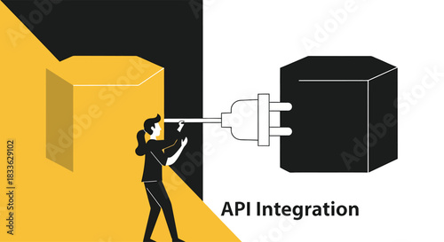 Person connecting two blocks with a plug representing api integration on a split yellow and white backdrop, symbolizing connectivity and innovation.
