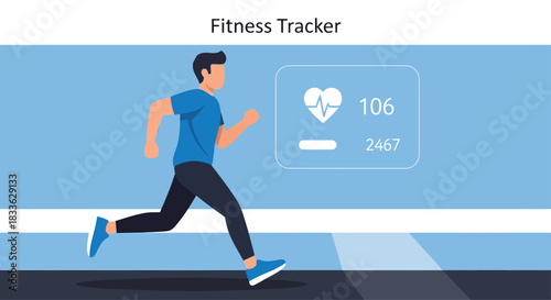 Man running with fitness tracker displaying heart rate and steps on a bright blue digital interface, promoting health and wellness.