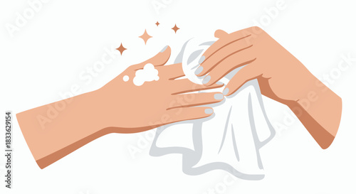 This clean vector illustration shows hands being thoroughly washed with soap and dried with a soft towel, promoting essential personal hygiene and health awareness.