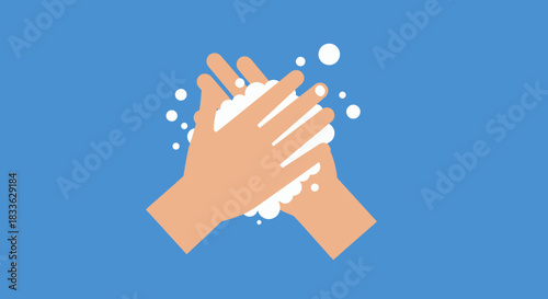 A vector illustration emphasizing the importance of handwashing, depicting hands covered in soap bubbles against a clean blue background, promoting hygiene and health.