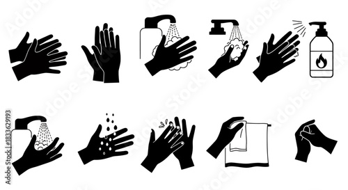A vector illustration sequence demonstrates proper handwashing techniques, featuring steps from applying soap to drying, promoting hygiene and health practices in a clean, minimalist style.
