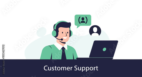 Smiling customer service representative assisting clients with headset and laptop in modern office setting, showcasing efficient support and positive communication.