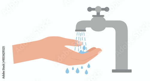 A clean vector illustration depicts a human hand being rinsed under running water from a metal faucet, emphasizing personal hygiene and cleanliness.