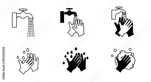 Illustrative vector icon set demonstrates the proper technique for washing hands thoroughly with soap and water to prevent the spread of germs and viruses.