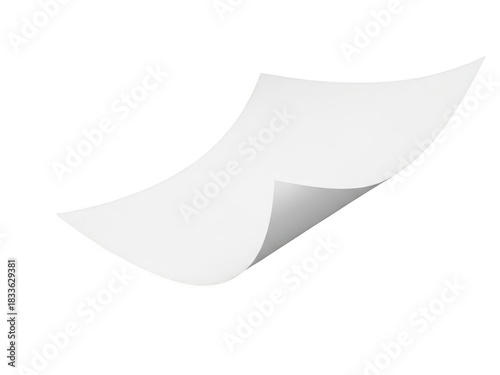 A single sheet of white paper floating or flying in the air with a curled corner, isolated on transparent background