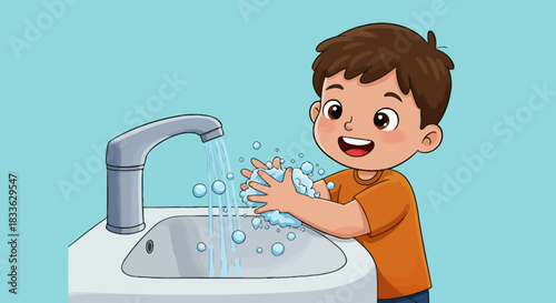 A cheerful young boy is diligently washing his hands with soap and water at a bathroom sink, promoting good hygiene habits.
