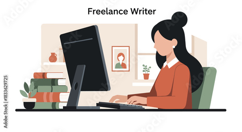 Woman working on computer at desk in home office, typing on keyboard with books nearby, creating a productive and focused atmosphere.