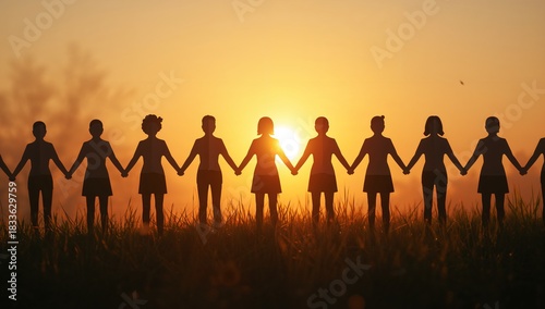 Diverse united people holding hands against golden sunset sky