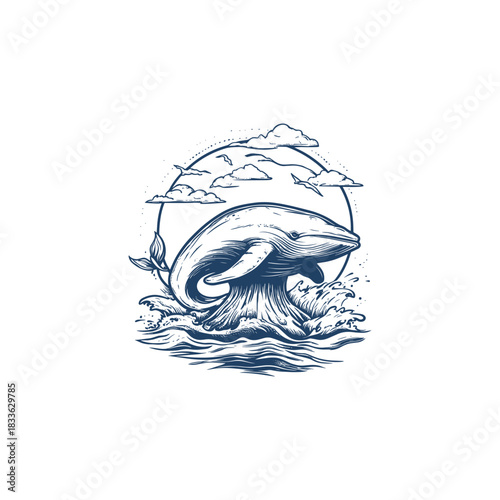 Dramatic dark blue engraving illustration of a humpback whale jumping or breaching powerfully from ocean waves and sea foam, framed by stylized clouds and a dotted circle