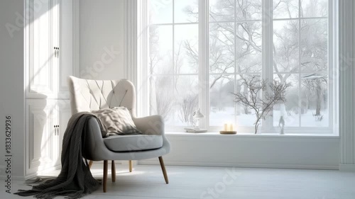 Cozy Armchair With Blanket By Large Window Showing Snowy Trees And Soft Sunlight