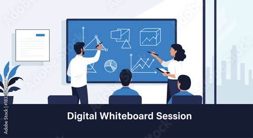 Business team collaborating on digital whiteboard in modern office, brainstorming ideas and analyzing data for strategic planning, creating a productive atmosphere.