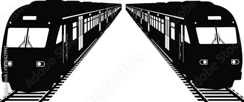 Two modern subway trains facing forward on railroad tracks, black silhouette vector illustration isolated on white background, for public transport design.
