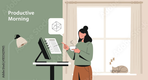 Woman enjoys coffee while working at her desk by the window with her cat sleeping nearby in a cozy and productive morning scene.