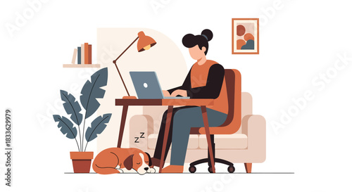 Person working on laptop at desk in cozy home office with dog sleeping nearby, creating a relaxed and productive atmosphere.