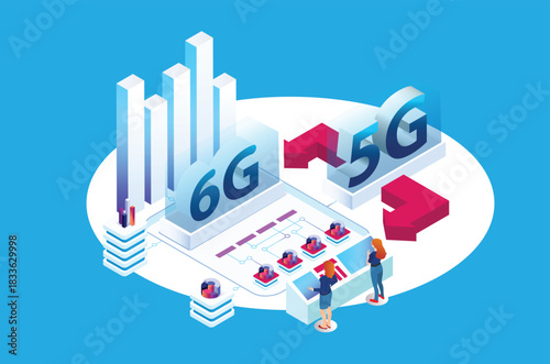 Modern isometric internet speed technology for the development of 6G communication technology. Online based vector illustration Suitable for Diagrams, Infographics, Game Assets, and Other Graphics