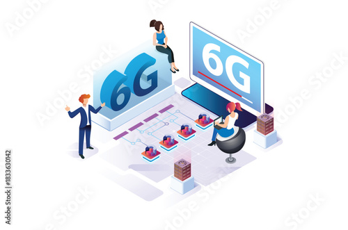 Modern isometric internet speed technology for the development of 6G communication technology. Online based vector illustration Suitable for Diagrams, Infographics, Game Assets, and Other Graphics