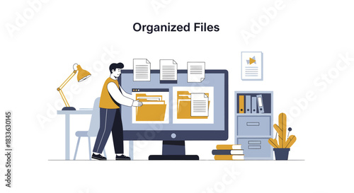 Man organizing digital files on computer screen in office, enhancing productivity and workflow with modern technology and efficient management.