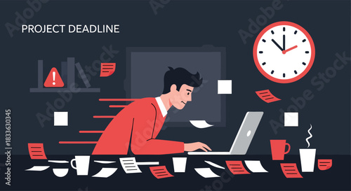 Stressed businessman working on laptop at desk in office with scattered papers and coffee cups, feeling the pressure of the project deadline.