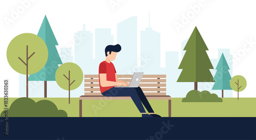 Man working on laptop sitting on park bench surrounded by trees and city skyline on a bright sunny day, enjoying the outdoors and technology.