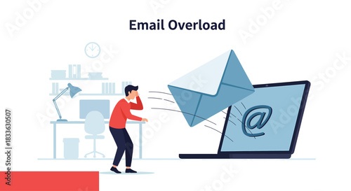 Stressed professional overwhelmed by email overload at office desk, struggling with digital communication and modern workplace challenges, depicting a frustrating situation.