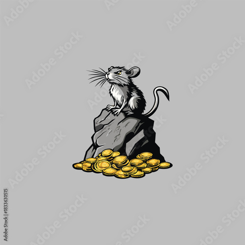A charming cartoon illustration of a cute gray mouse sitting proudly on a dark rock, surrounded by a large pile of shiny golden coins