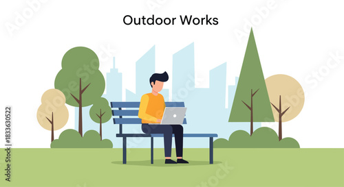 Man working on laptop sits on park bench with city skyline in distance on bright sunny day, showcasing modern remote work lifestyle.