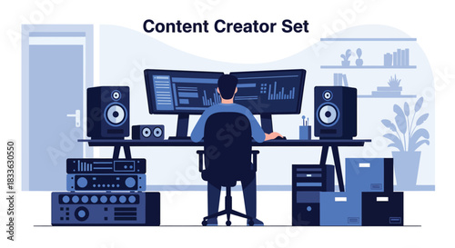 Man sits at desk with dual monitors in home office, working on data analysis with speakers and equipment, creating a focused and productive atmosphere.